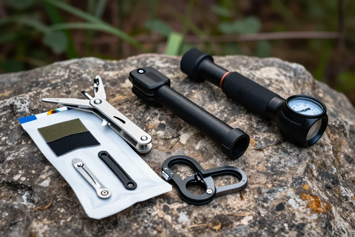 Podstawowe narzędzia do naprawy roweru górskiego na terenie, w tym pompka i multi-tool.