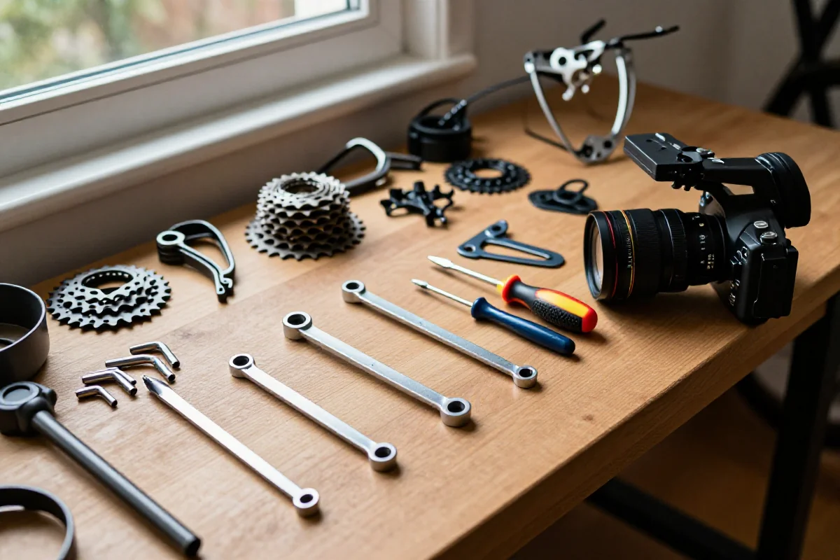 Warsztat domowy z narzędziami do serwisu rowerowego i częściami rowerowymi.