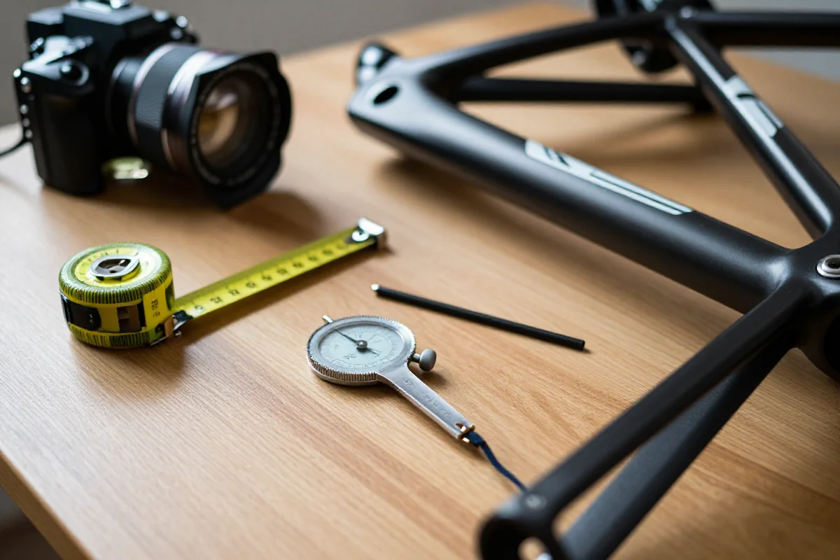 Narzędzia do bike fittingu: miary, goniometr i sznurek pionowy na stole.
