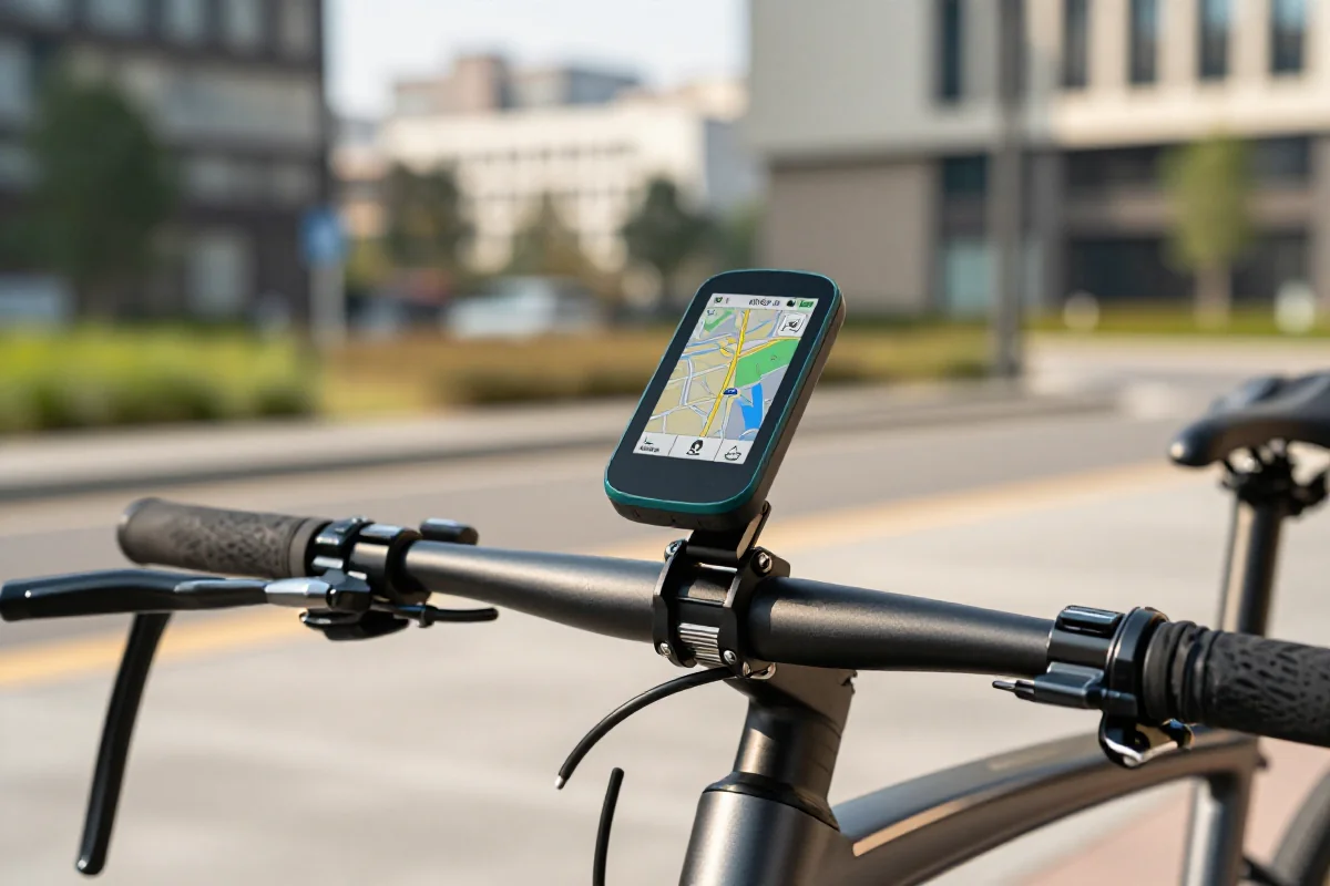 Nowoczesne narzędzie nawigacyjne na kierownicy roweru w miejskim otoczeniu.