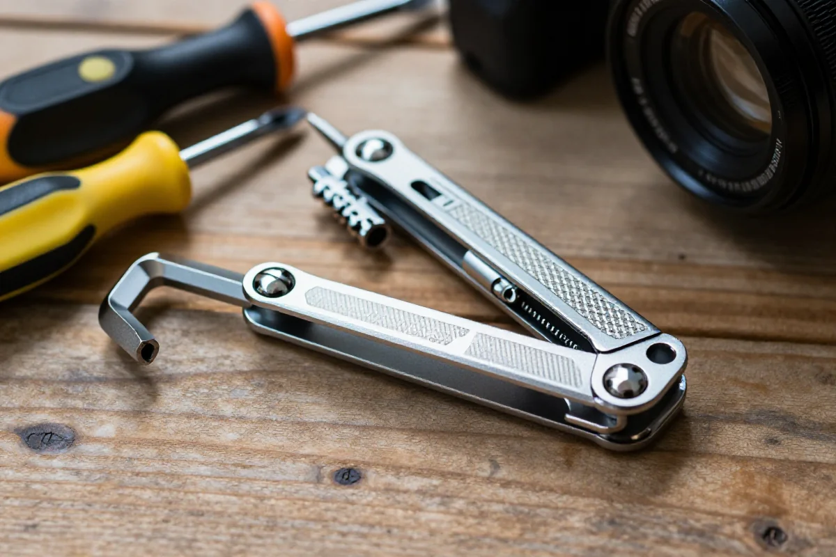 Multitool rowerowy na drewnianym blacie, idealny do napraw w trasie.