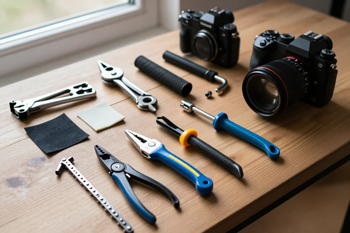 Zestaw narzędzi rowerowych na drewnianym stole, idealny do EDC.