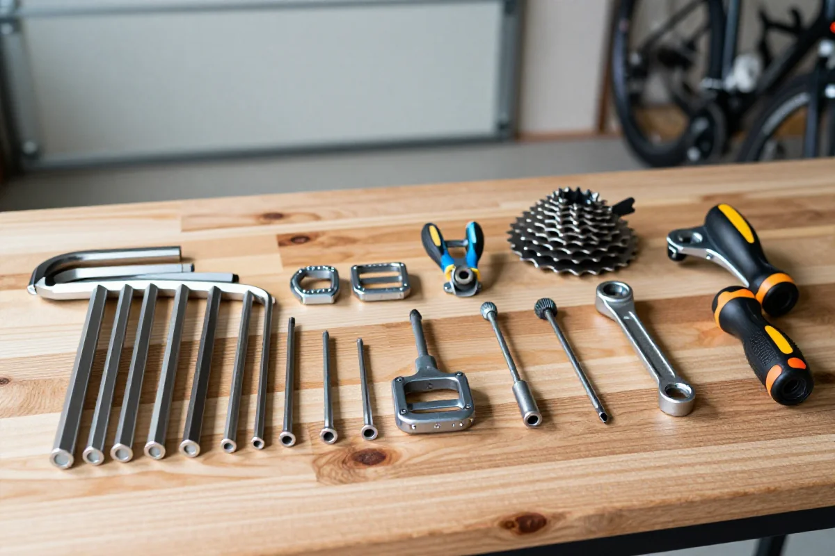 Narzędzia do serwisu roweru w domowym warsztacie, w tym klucze i wkrętaki.