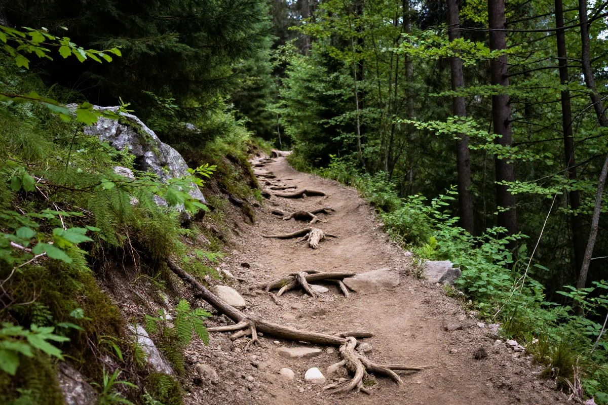 Wąska ścieżka rowerowa w lesie, idealna do jazdy na rowerze górskim.