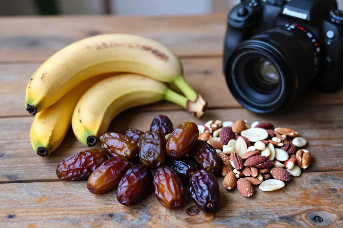 Naturalne źródła energii dla kolarzy: owoce i orzechy na drewnianym stole.