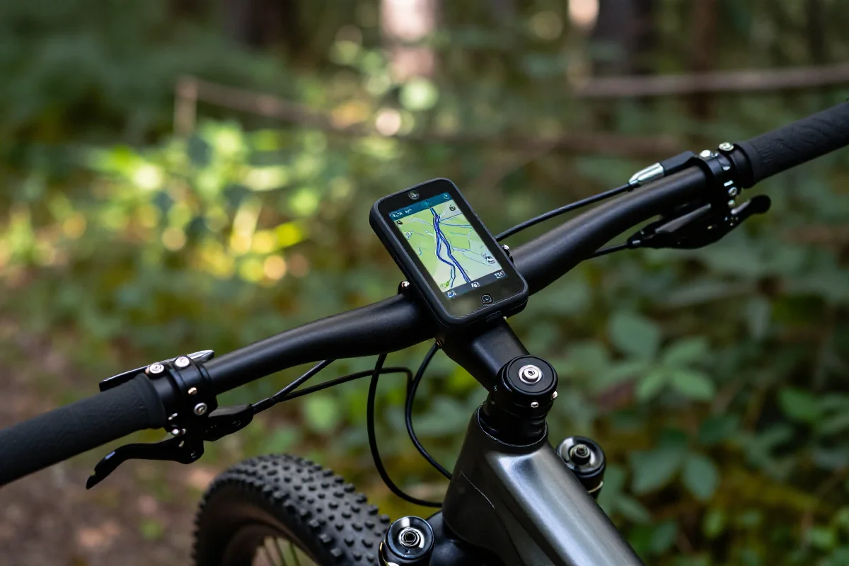 Szczegółowy widok na nawigację w rowerze górskim w lesie.