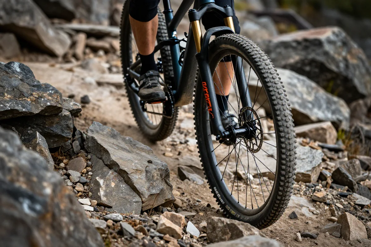 Rower górski na skalistej nawierzchni, ukazujący detale opon i hamulców.