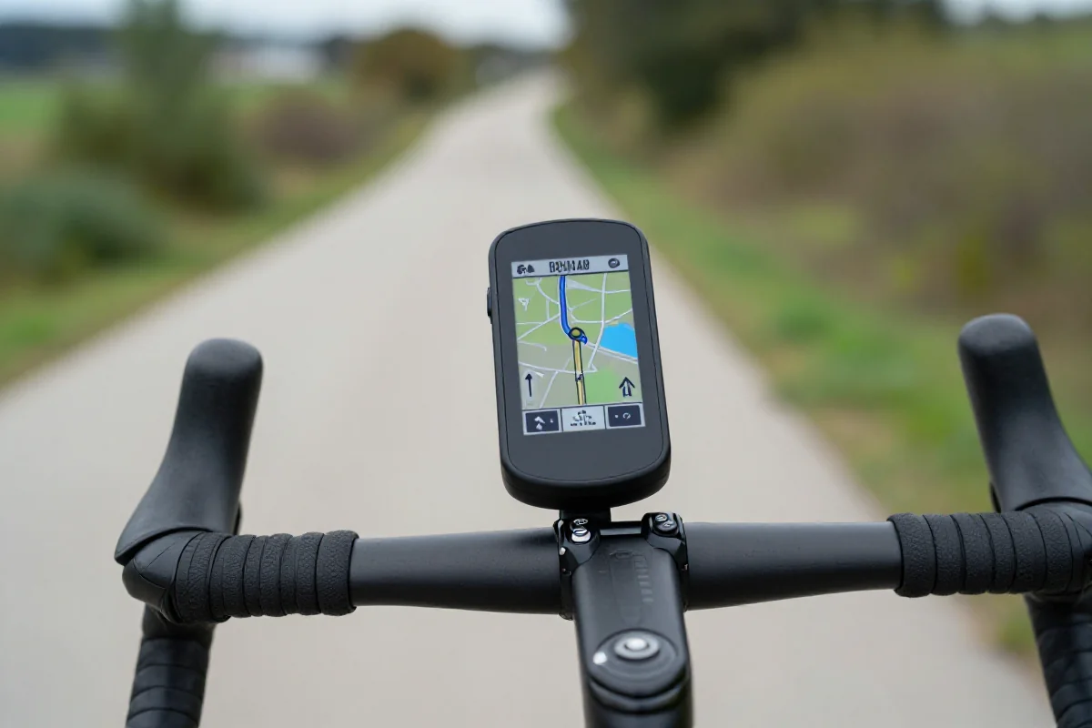 Nowoczesny licznik GPS na kierownicy roweru, wyświetlający mapę i nawigację