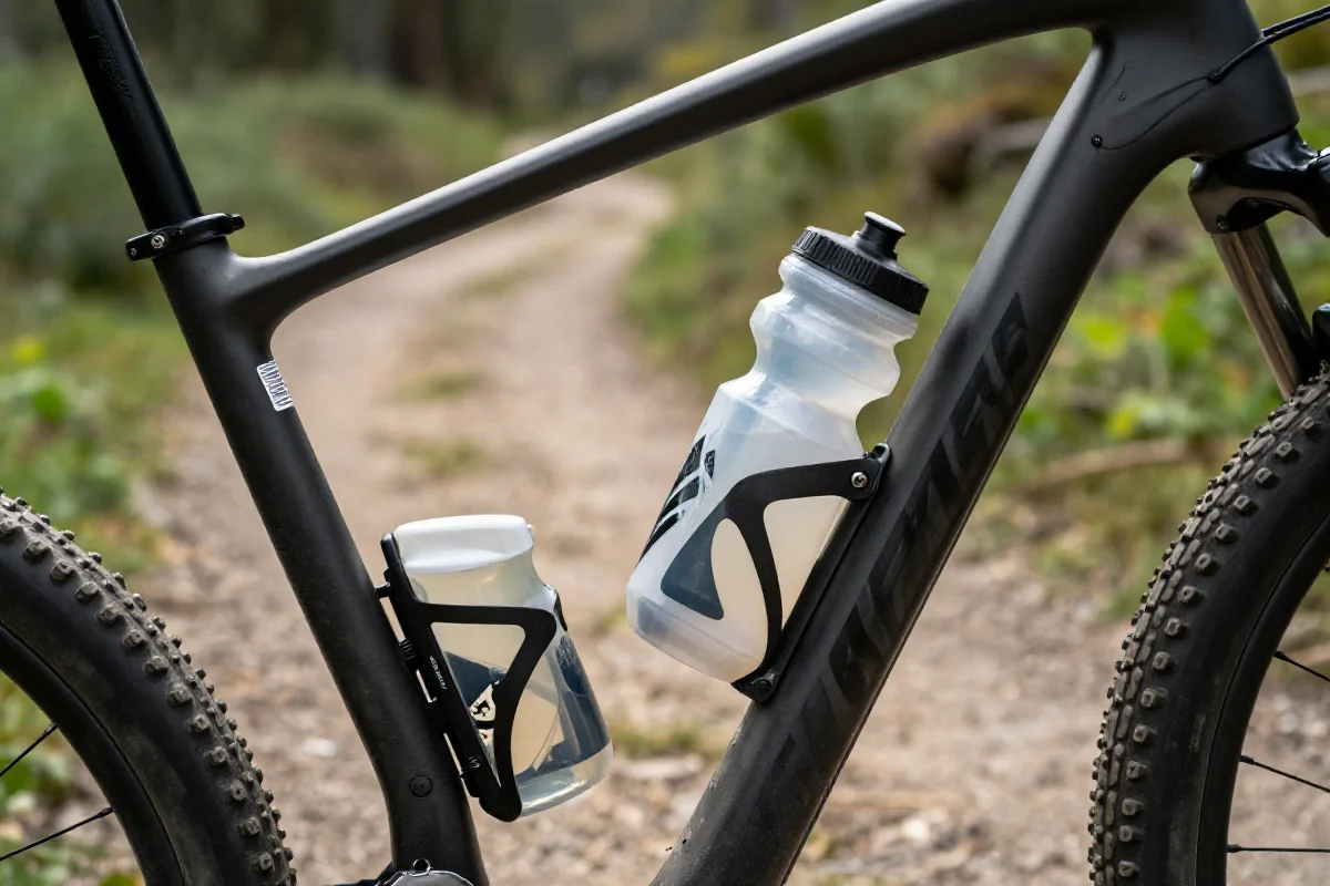 System nawodnienia roweru górskiego na tle leśnej trasy