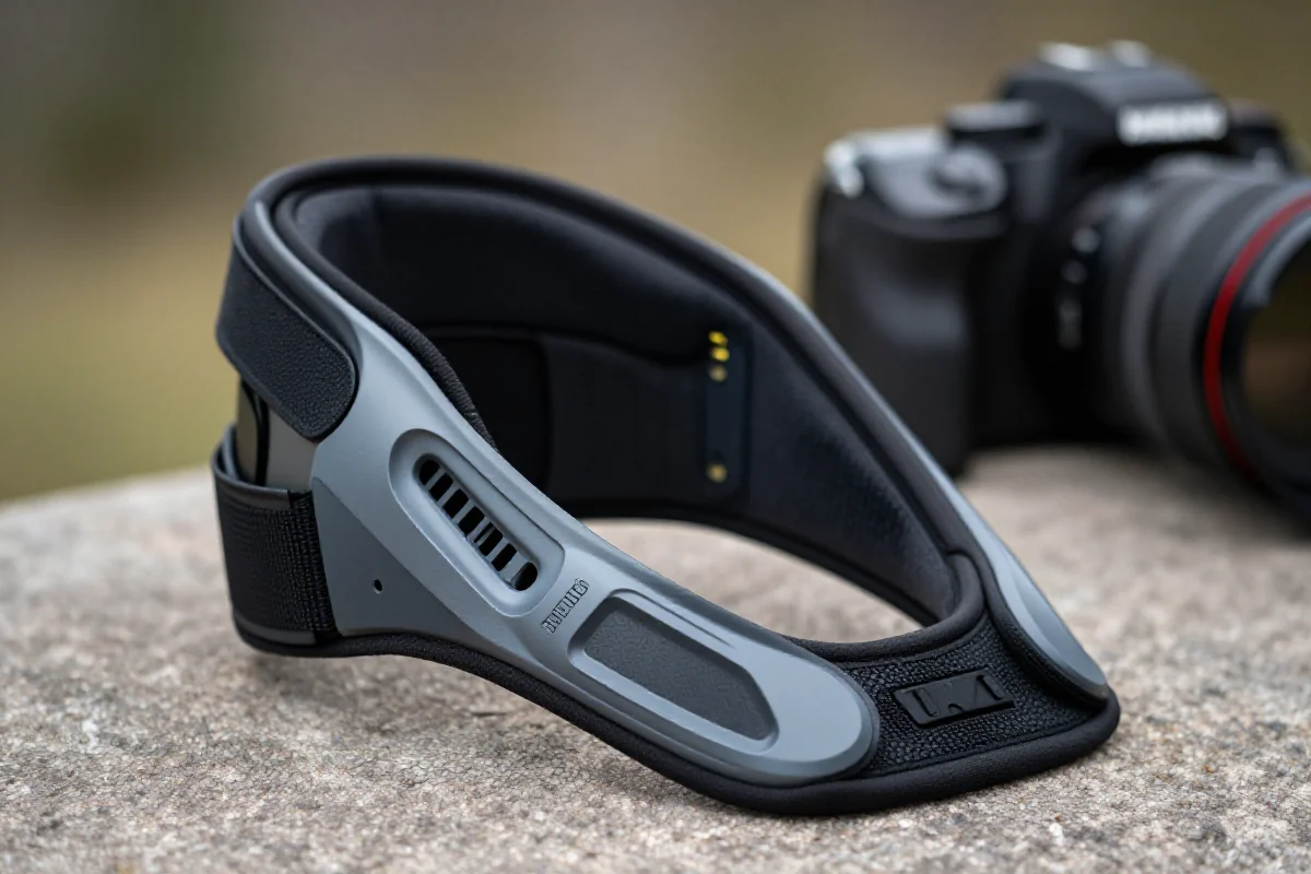 Nowoczesny ochraniacz szyi do jazdy na rowerze górskim, pokazujący zaawansowane materiały.