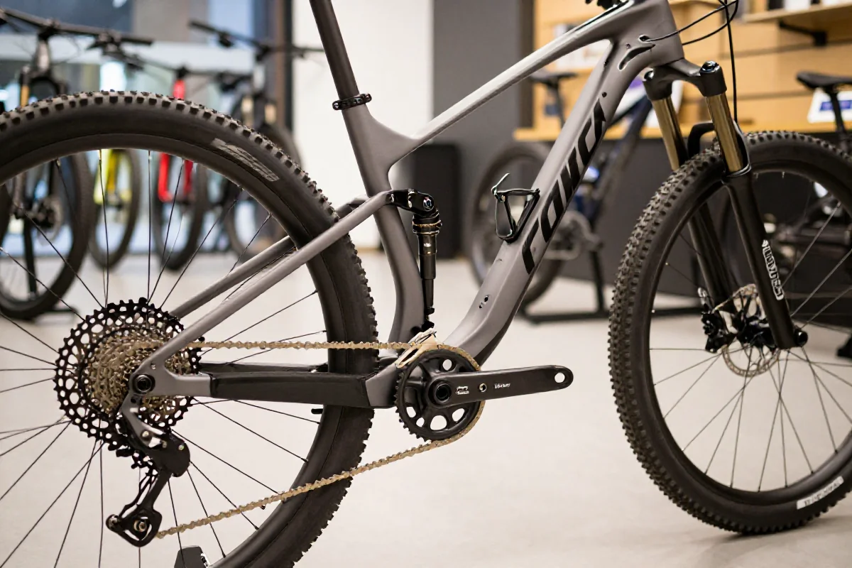 Profesjonalne zdjęcie roweru górskiego, komponenty i nowoczesna geometria.