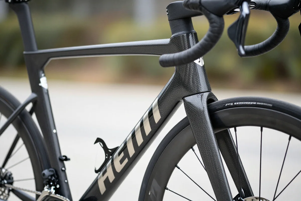 Nowoczesny rower szosowy z włókna węglowego, detal ramy i geometria.