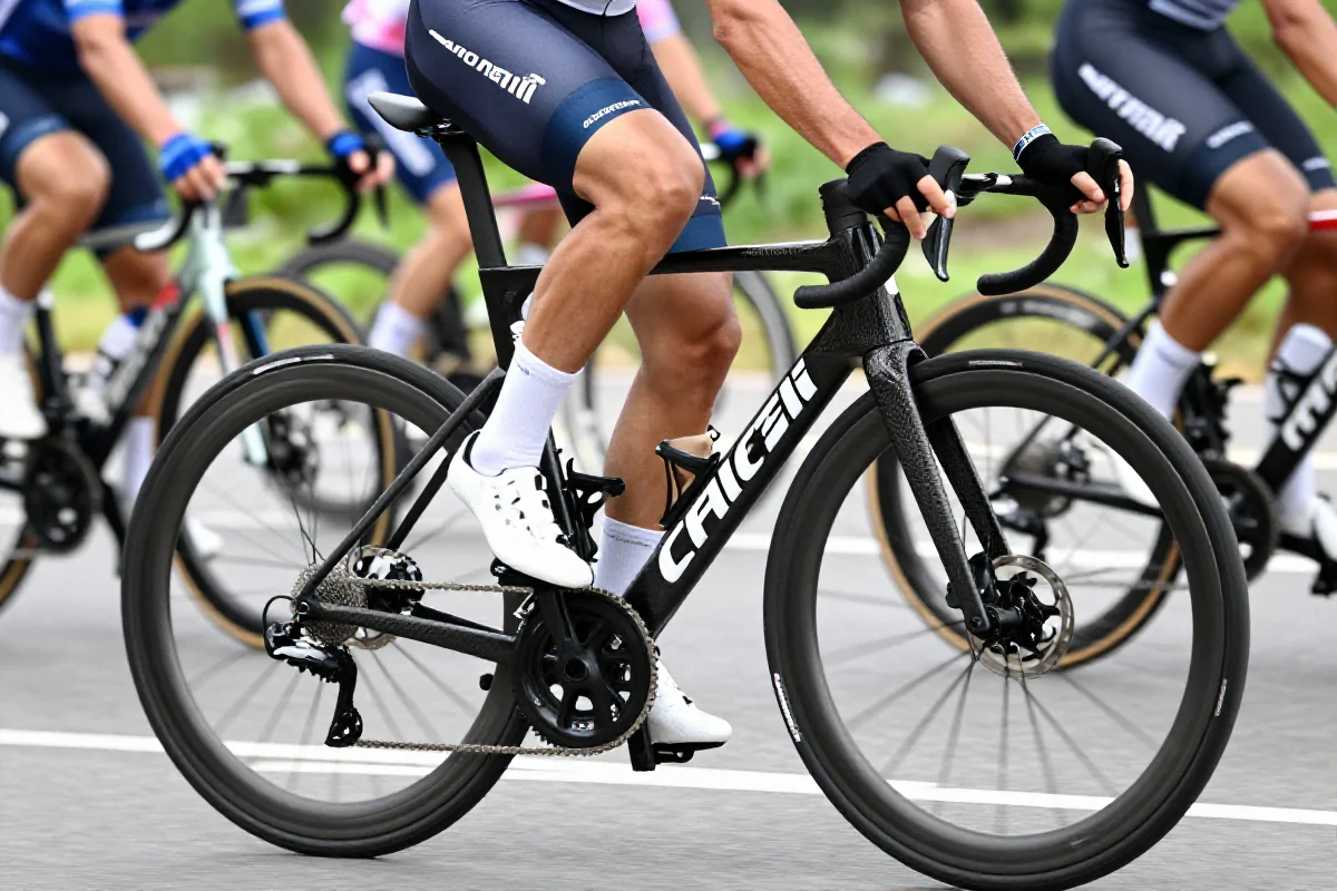 Profesjonalny rower szosowy podczas wyścigu, podkreślający etykę pelotonu.