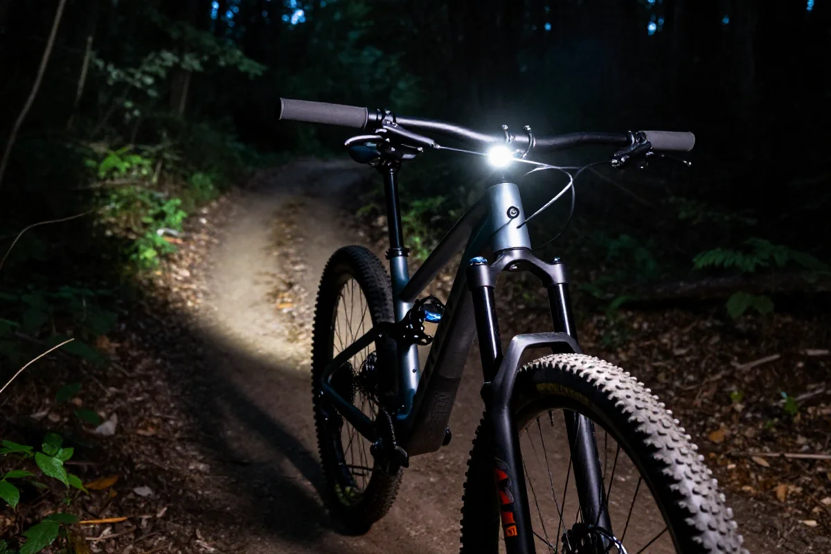 Rower górski z nowoczesnym oświetleniem LED na nocne wyścigi MTB.