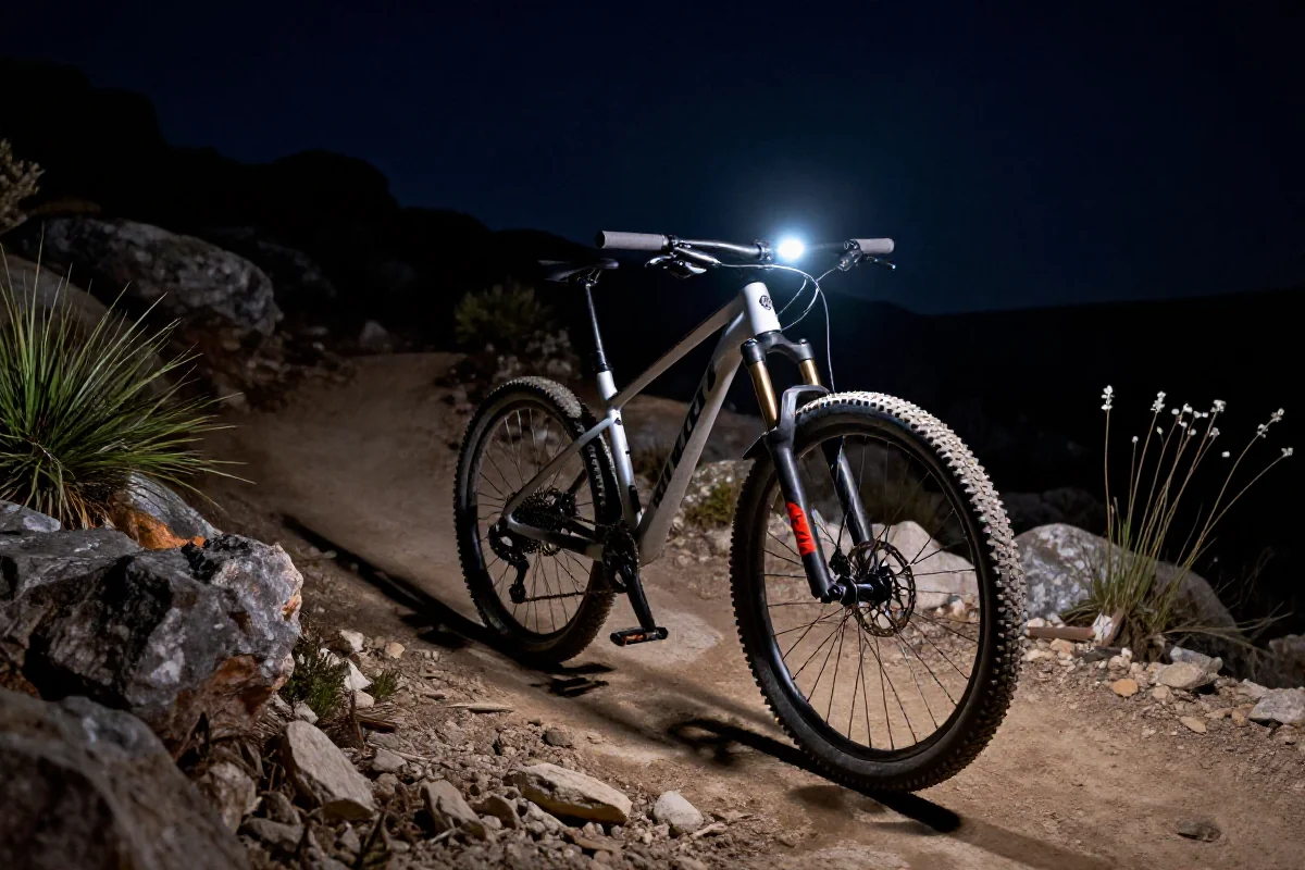 Rower górski na nocnej trasie, oświetlony lampkami, w pełni przygotowany do jazdy.