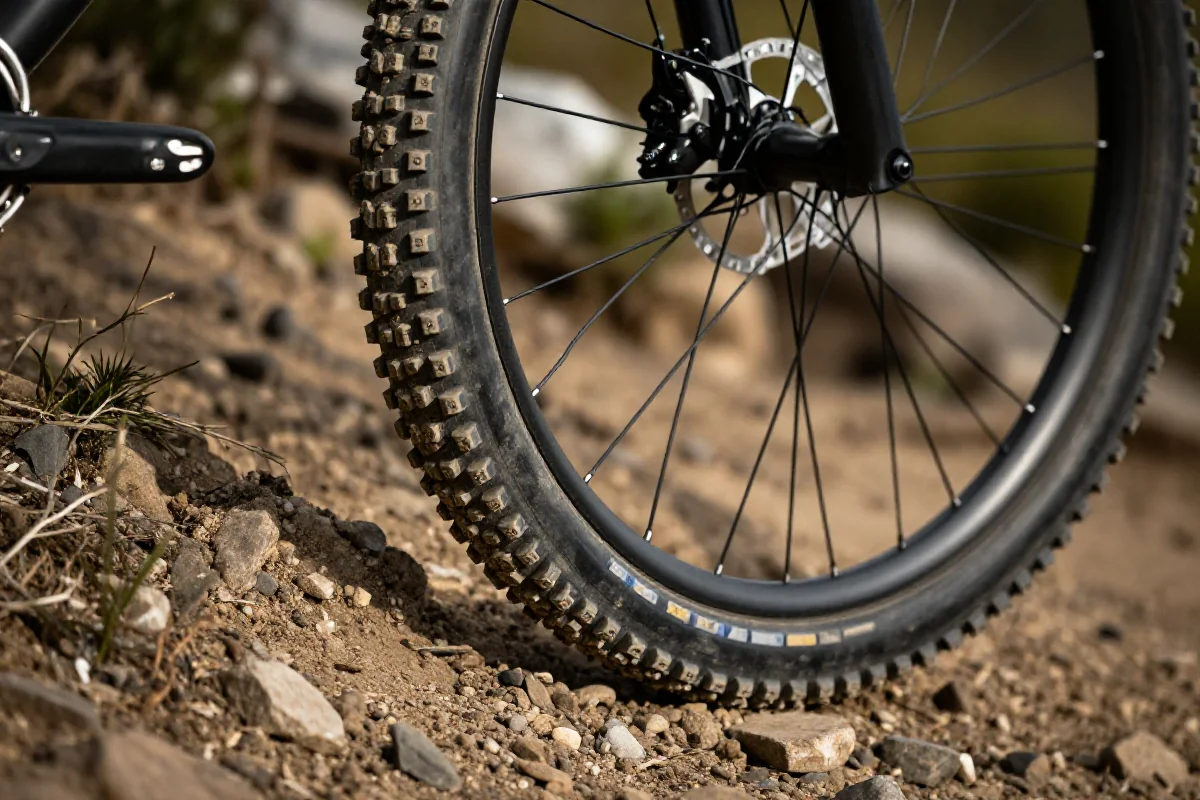 Zbliżenie opony roweru górskiego na terenie, podkreślające detale bieżnika.