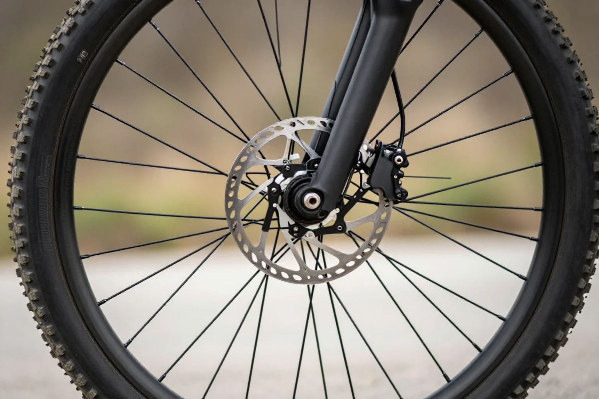 Zbliżenie na koło roweru górskiego, pokazujące detale hamulca i opony.