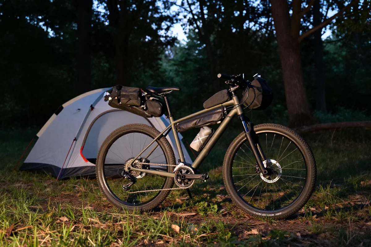 Zestaw rowerowy do bikepackingu w lesie, obozowisko z namiotem.