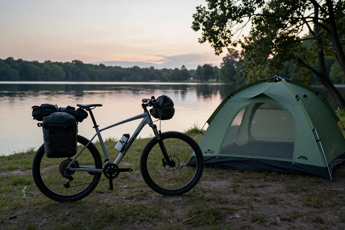 Rower mountain bike z namiotem nad jeziorem podczas bikepackingu