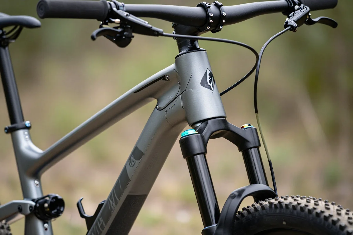 Szczegółowy widok ramy roweru górskiego z komponentami i normami bezpieczeństwa.