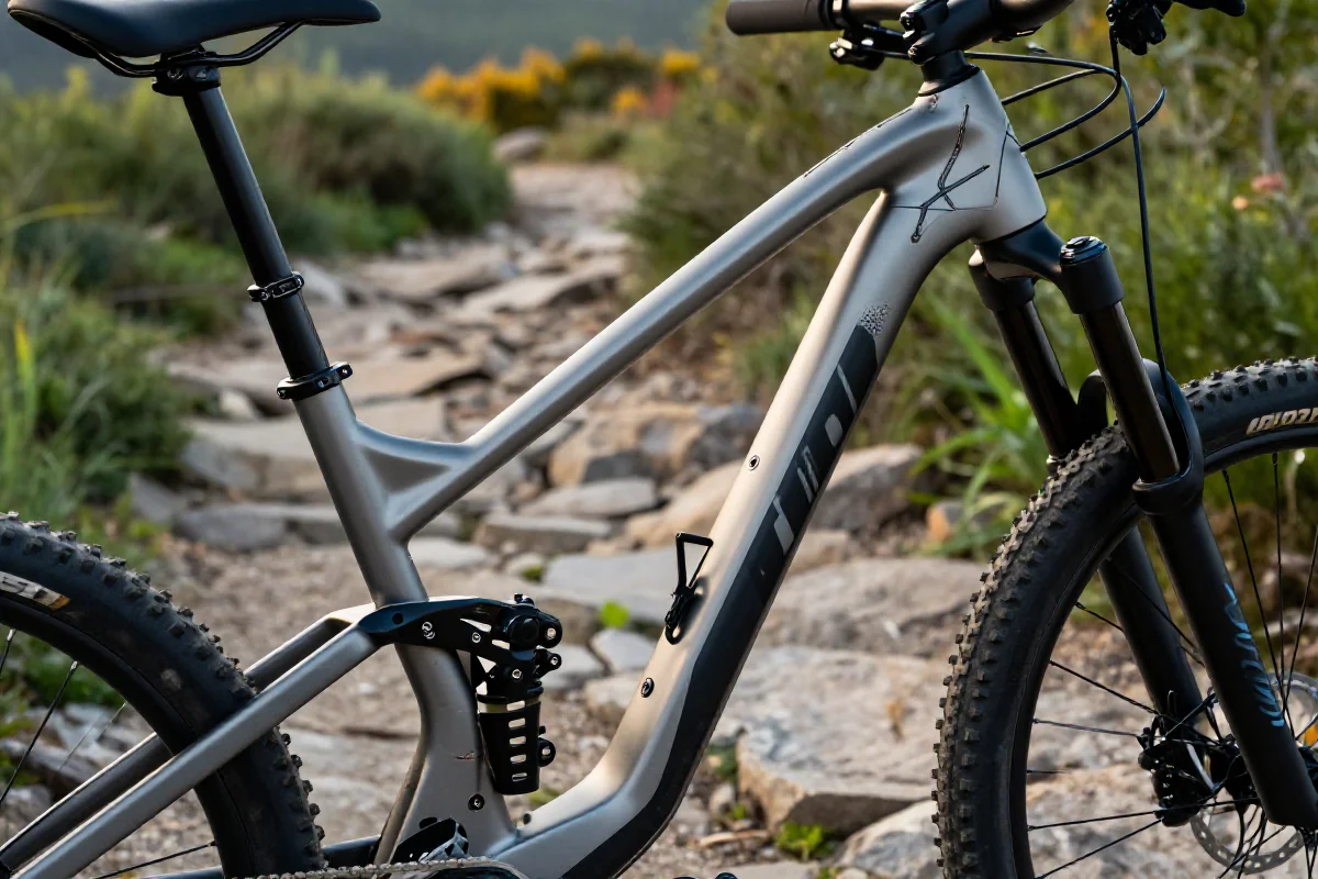 Nowoczesna rama roweru górskiego na szlaku, techniczne detale i zieleń w tle.