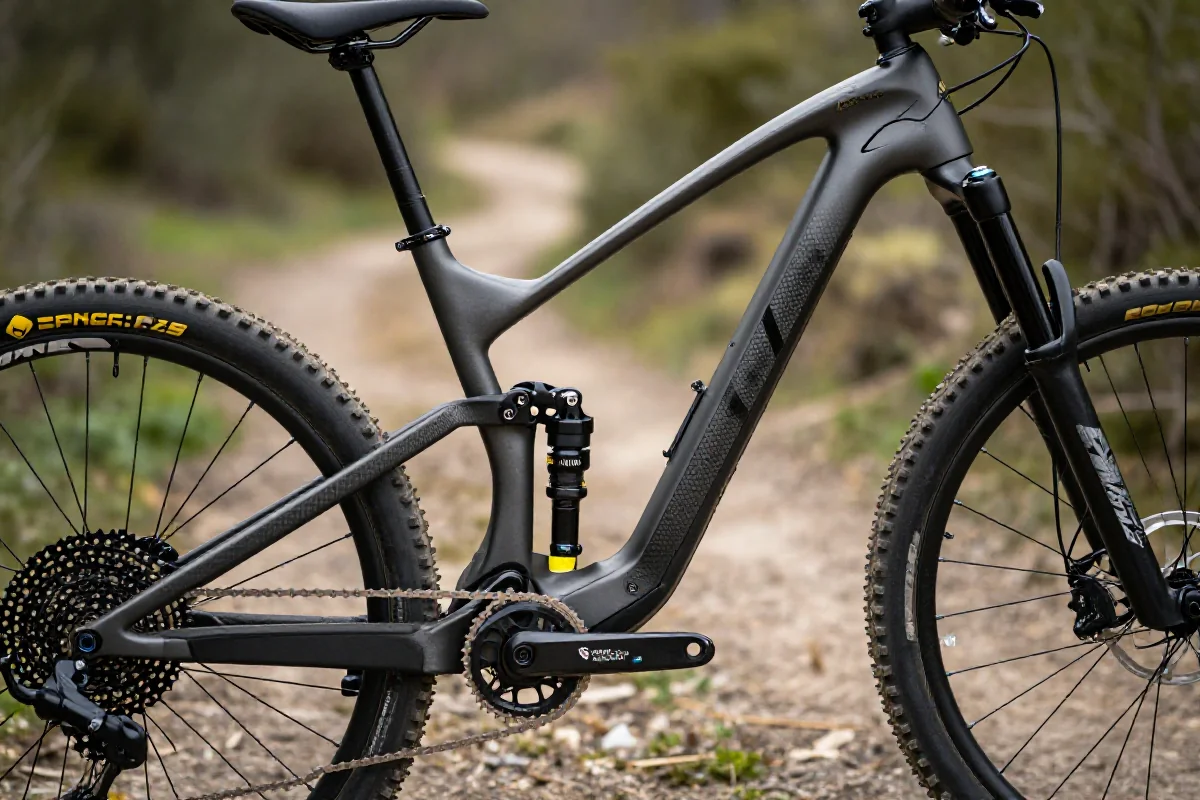 Szczegółowy widok na nowoczesny rower górski w naturalnej scenerii.