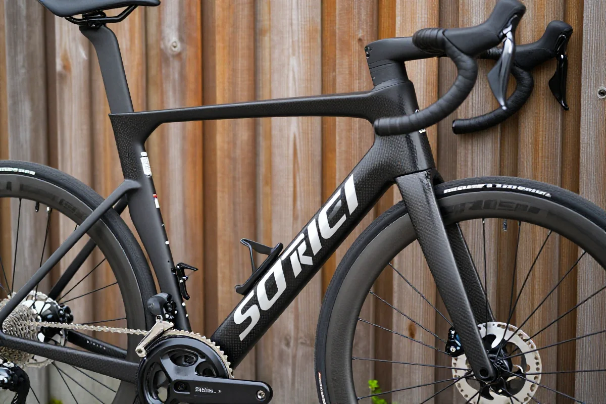 Szczegółowy widok nowoczesnego roweru szosowego z aerodynamiczną ramą.