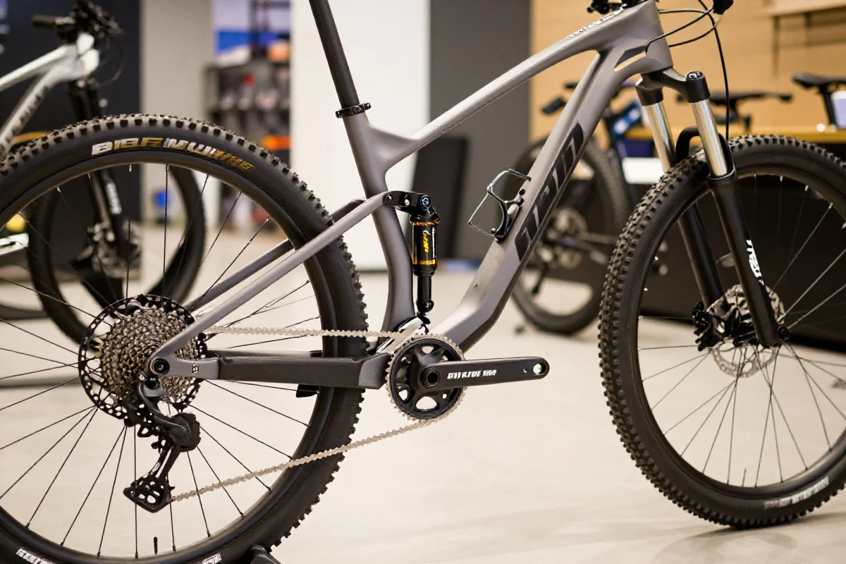 Nowoczesny rower górski z zaawansowanymi technologiami w sklepie rowerowym