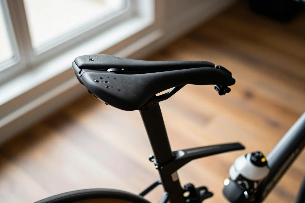 Rower szosowy z widocznym mechanizmem regulacji wysokości siodełka.