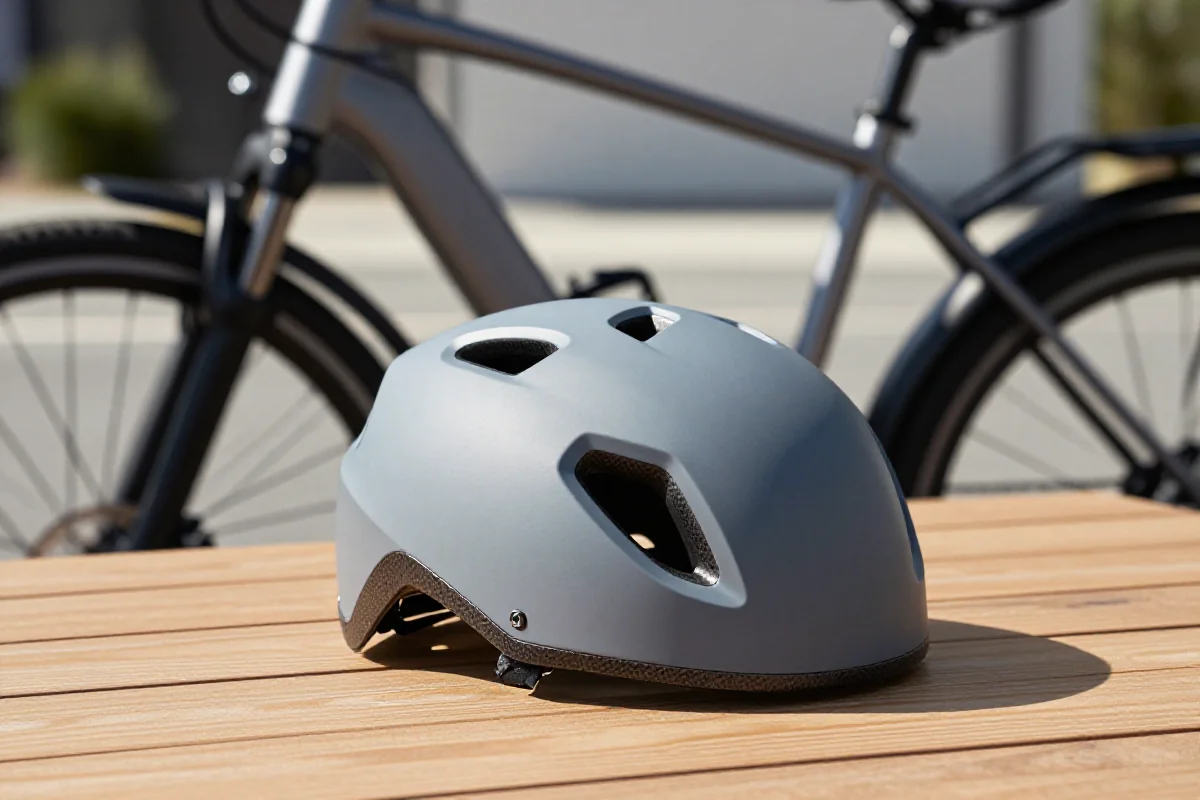 Nowoczesny kask rowerowy na stole, ważny element bezpieczeństwa e-bike.