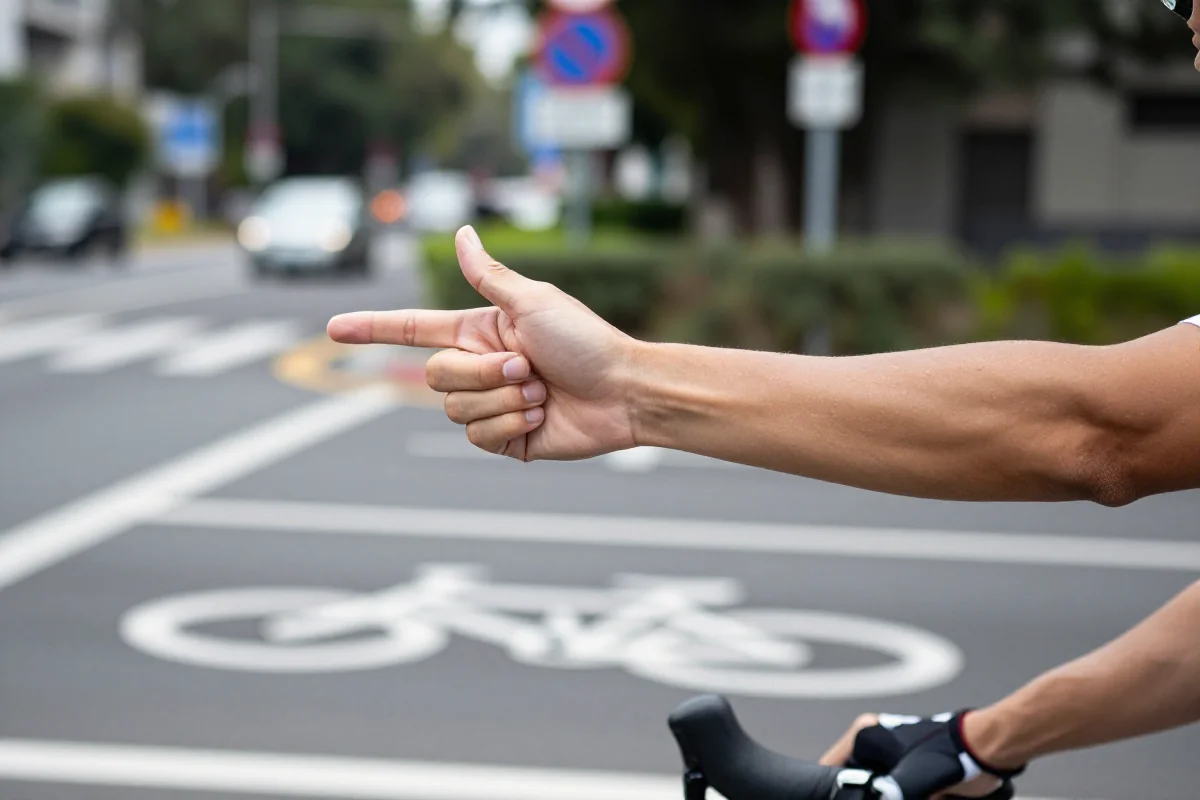 Ręka rowerzysty sygnalizująca skręt w lewo na miejskiej ulicy.