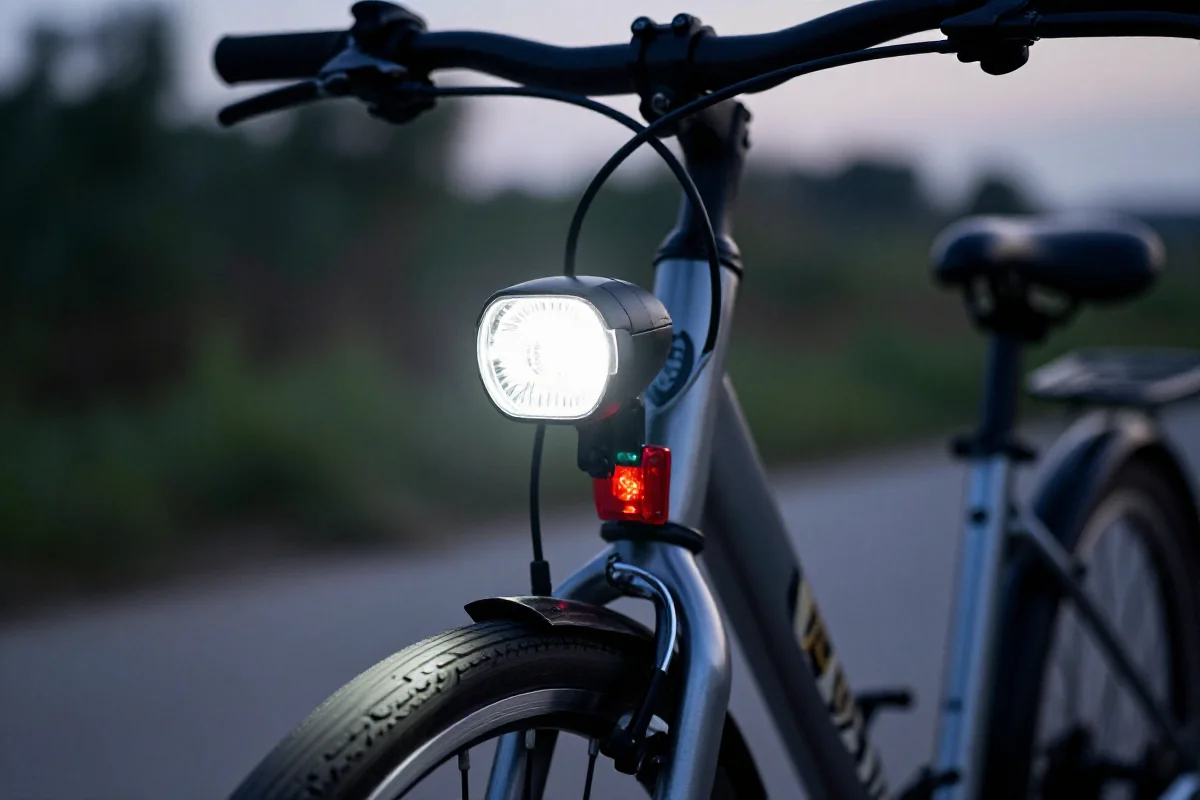 Zbliżenie na oświetlenie roweru, białe przednie i czerwone tylne światło.