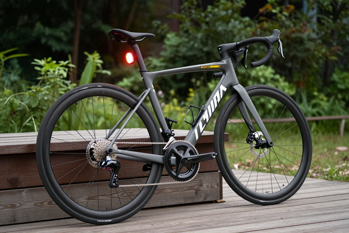 Rower szosowy z pełnym wyposażeniem na brevet w naturalnym otoczeniu.