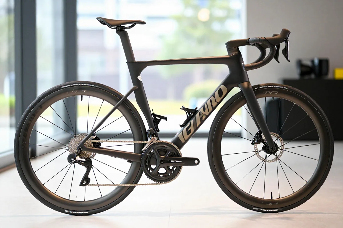 Wysoce wydajny rower szosowy z karbonową ramą i hydraulicznymi hamulcami.