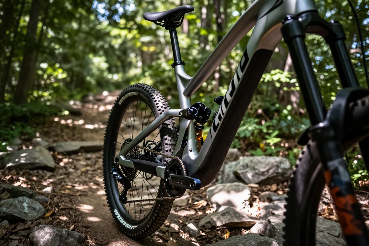 Zbliżenie na ramę roweru górskiego na skalistej ścieżce w lesie.