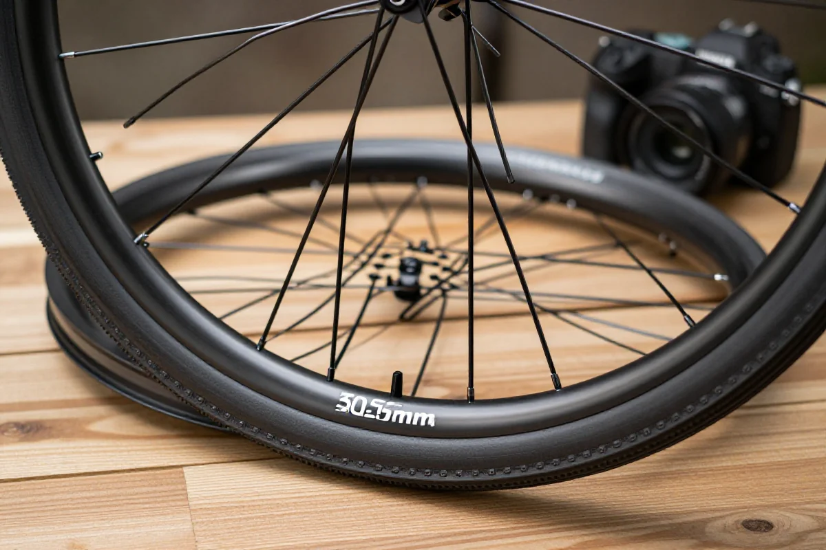 Obręcz MTB z szeroką wewnętrzną szerokością na drewnianej powierzchni.