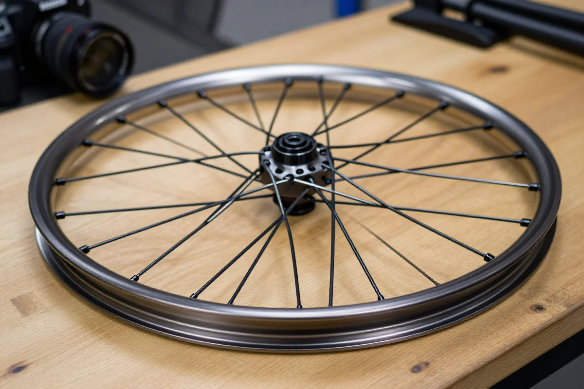 Szeroka obręcz MTB z aluminium na drewnianym stole warsztatowym.