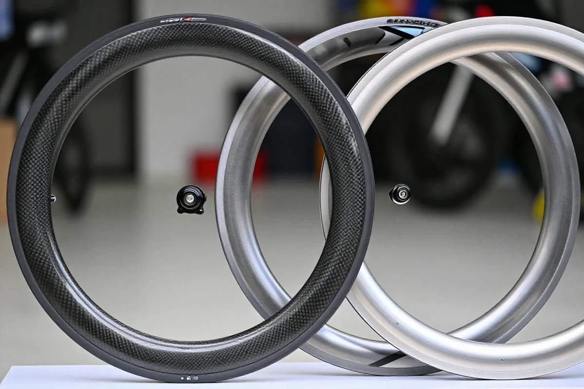 Zbliżenie na obręcze szosowe z carbonu i aluminium, ukazujące różnice w konstrukcji.