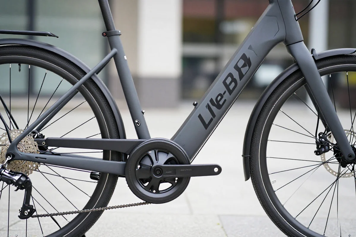 Nowoczesny elektryczny rower L1e-B z technicznymi detalami i akcesoriami