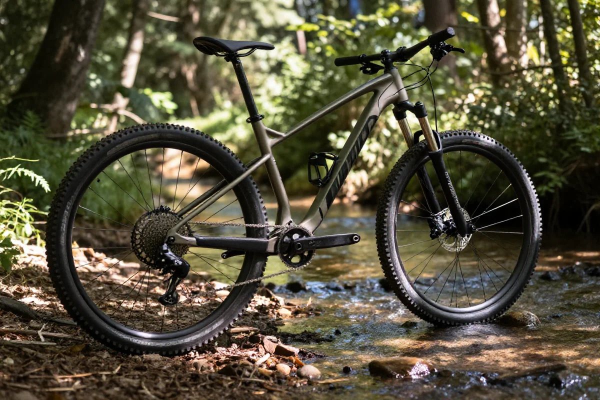 Rower górski przy płytkim strumieniu, pokazujący ocenę głębokości wody.