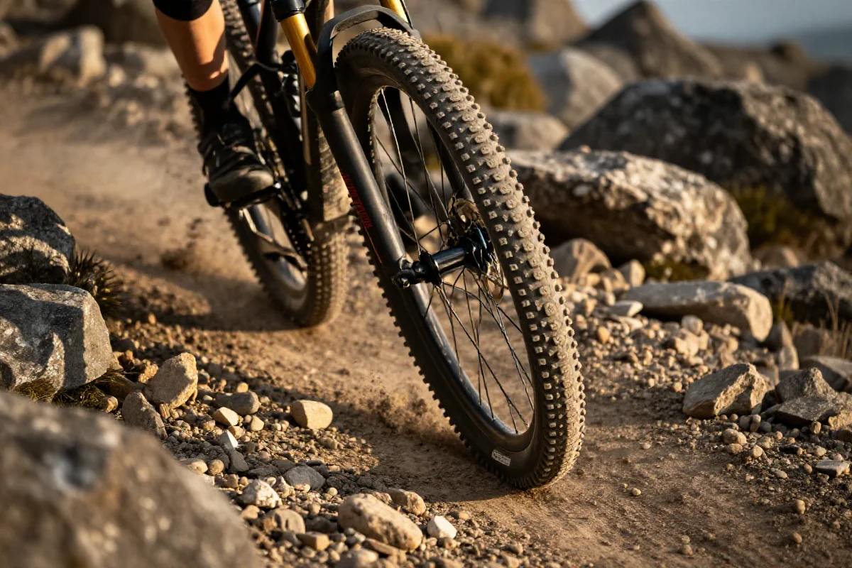 Widok szczegółowy opony roweru górskiego na trudnej trasie MTB.