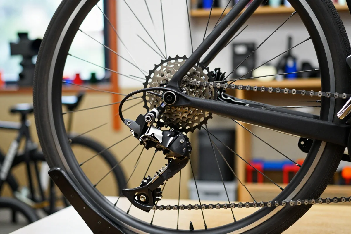 Zbliżenie na przerzutki rowerowe w warsztacie, ocena stanu przerzutek.