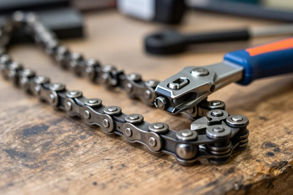 Zużycie łańcucha rowerowego z narzędziem do pomiaru w tle