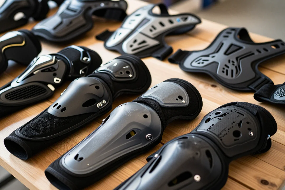 Ochraniacze ciała MTB na drewnianej powierzchni, różne typy ochraniaczy.