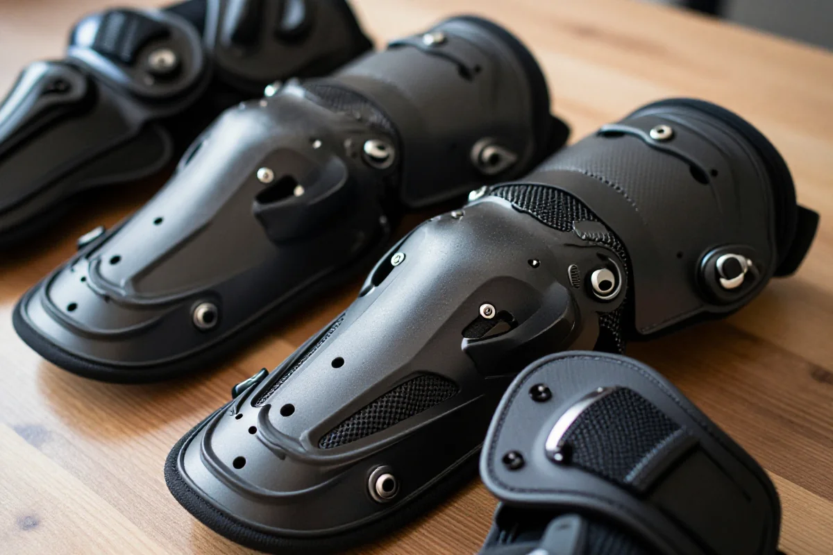 Ochraniacze do enduro, nakolanniki i nałokietniki na drewnianej powierzchni.