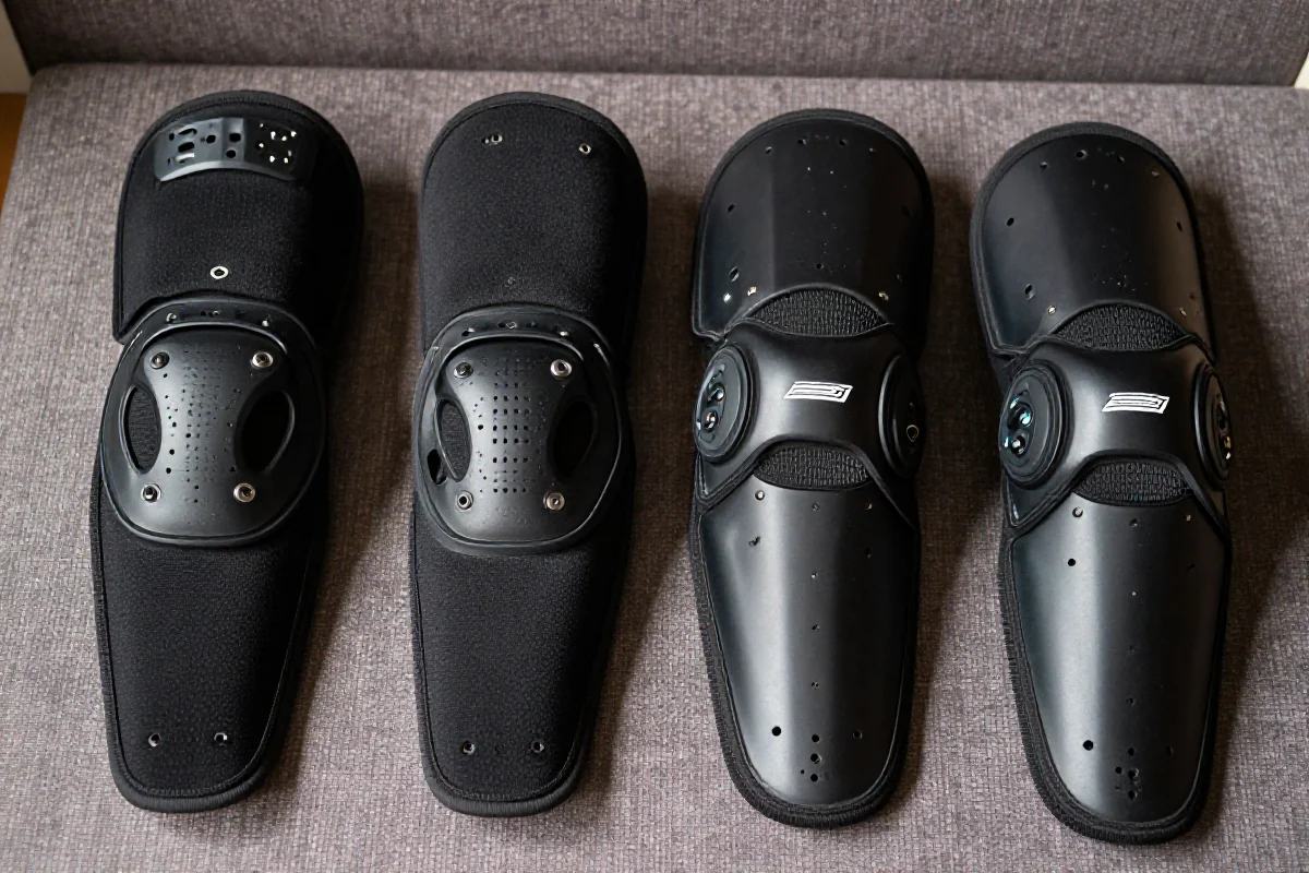 Ochraniacze kolan i łokci do jazdy na rowerze górskim, podkreślające różne typy konstrukcji.