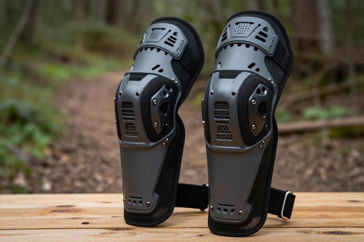 Ochraniacze kończyn do jazdy na rowerze górskim na tle leśnej ścieżki.