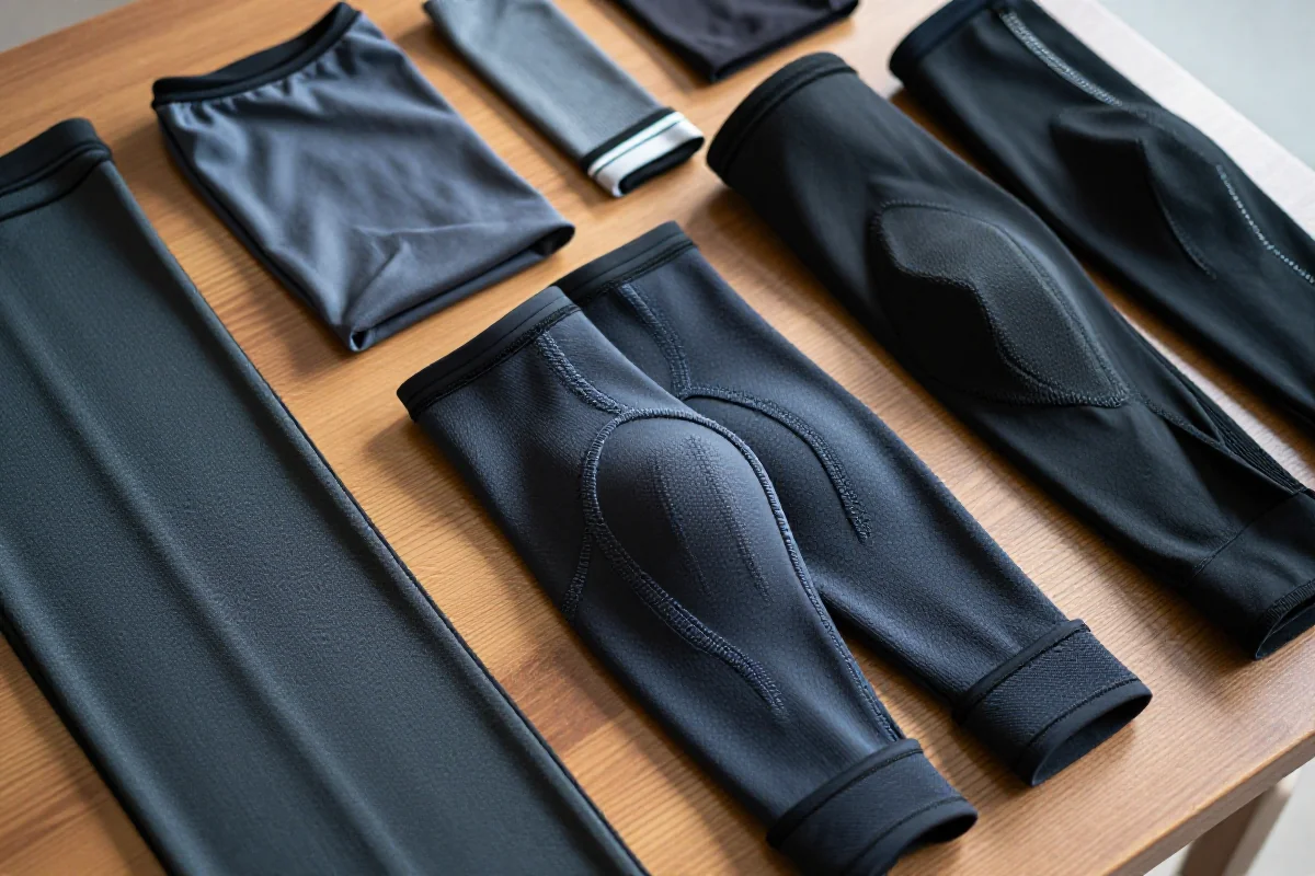 Ochraniacze na ręce i nogi dla kolarzy na drewnianej powierzchni.