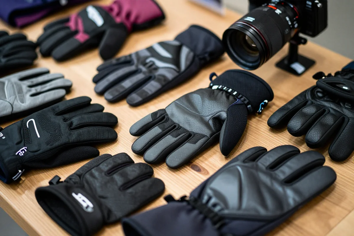Zimowe rękawiczki rowerowe różnych typów na drewnianej powierzchni.