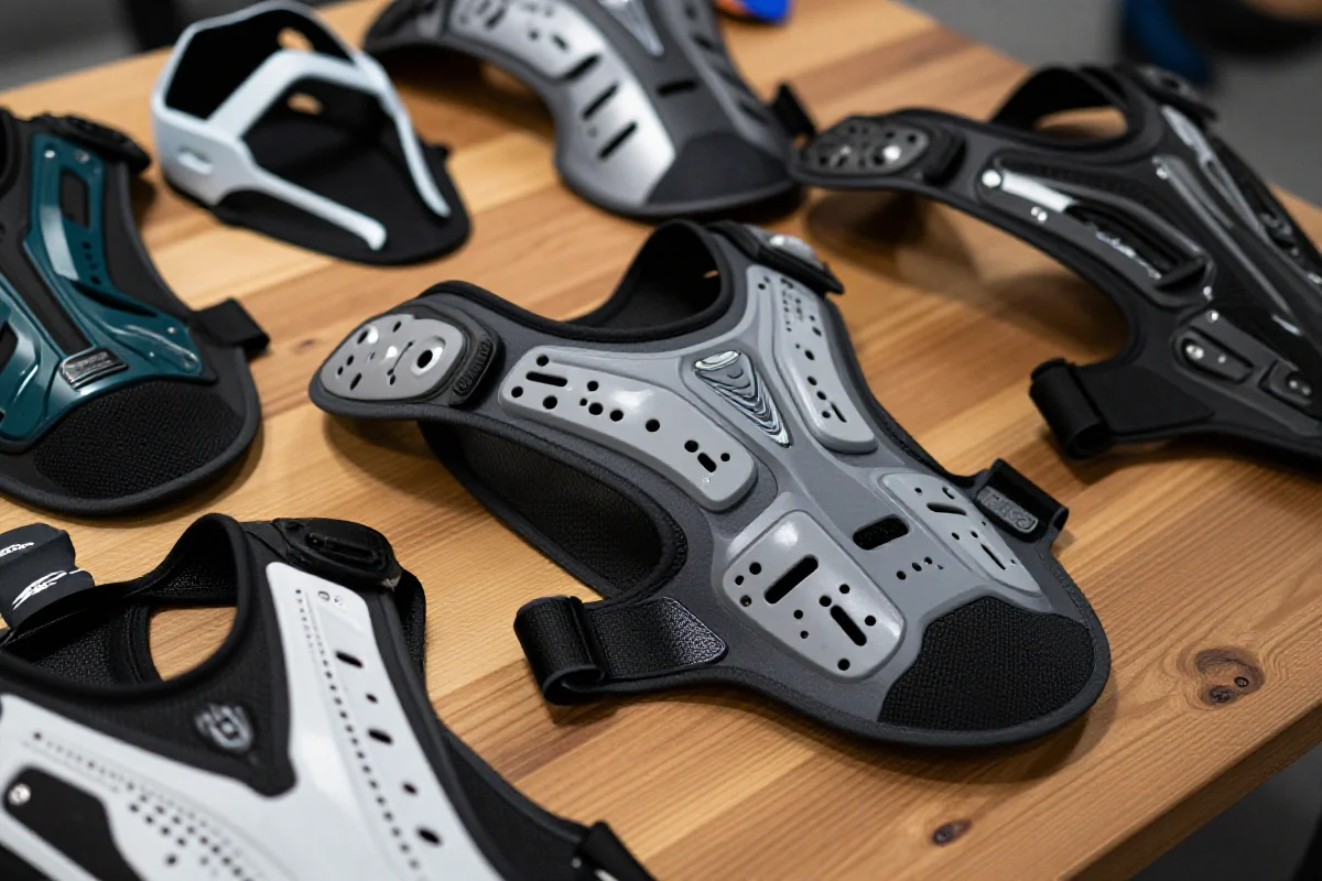 Ochraniacze pleców MTB na drewnianej powierzchni, szczegóły i materiały.